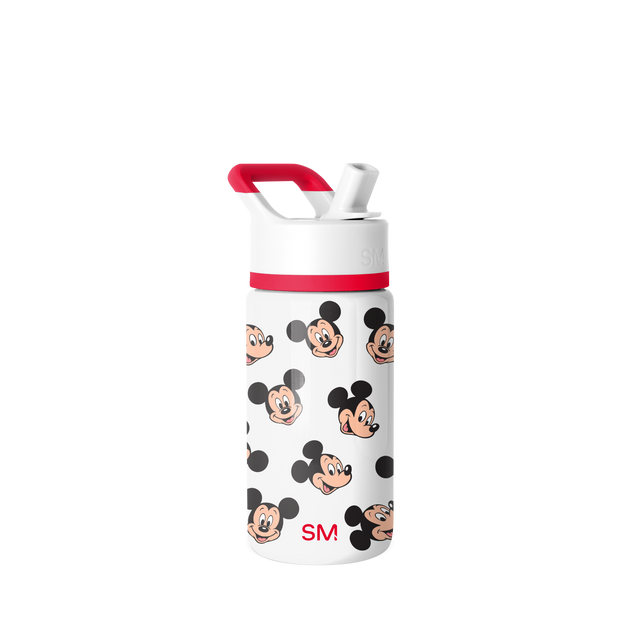 Simple Modern white water bottle with red accents, 14-ounce capacity, cylindrical shape on white background