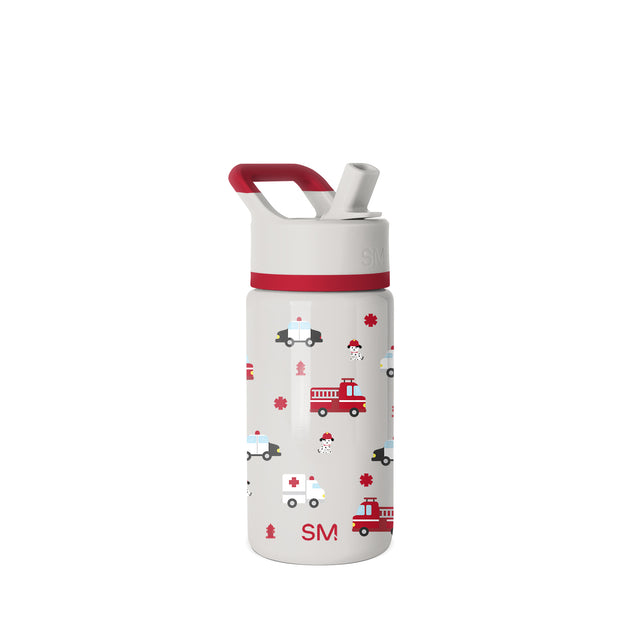 Cream and red water bottle with red handle and accent band, designed for hydration and portability.