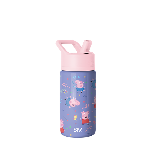 Simple Modern kids water bottle in periwinkle blue with colorful Peppa Pig characters and playful icons printed on the body, displayed against a white background.