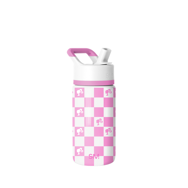 Hot pink and white checkerboard water bottle with white lid, carry handle, and hot pink accents