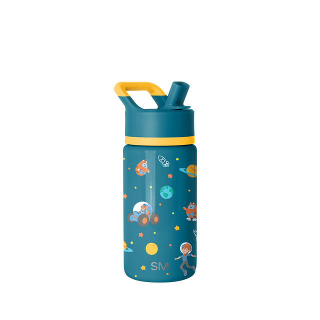 Teal blue water bottle with golden yellow accent band and handle, featuring orange and coral red design details