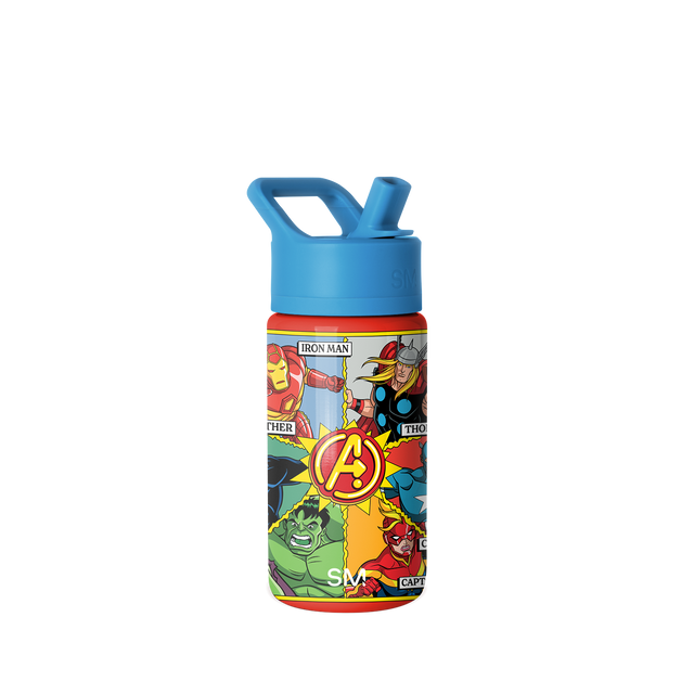 Simple Modern water bottle with bright blue twist-top lid and carry handle, featuring Marvel Avengers superhero graphic wrap on white background.
