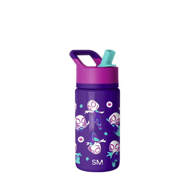 Deep purple water bottle with vibrant magenta upper band and lid, featuring a handle and spout accent.