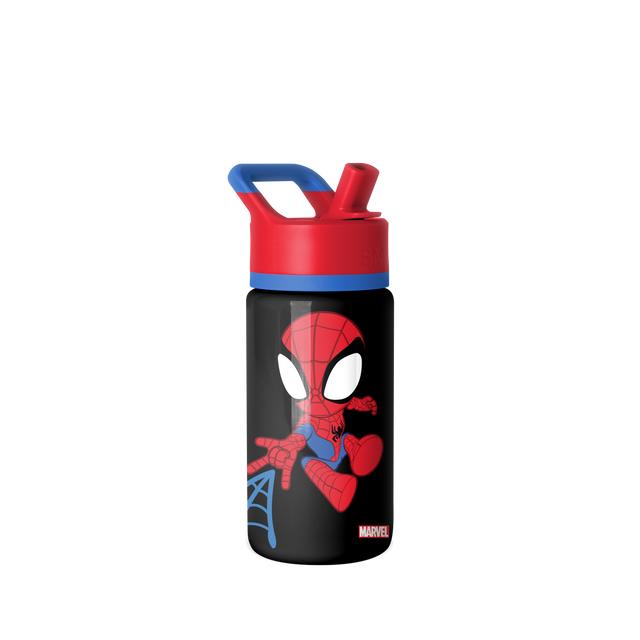 Black water bottle with red cap and vibrant blue band on upper portion, product image on white background