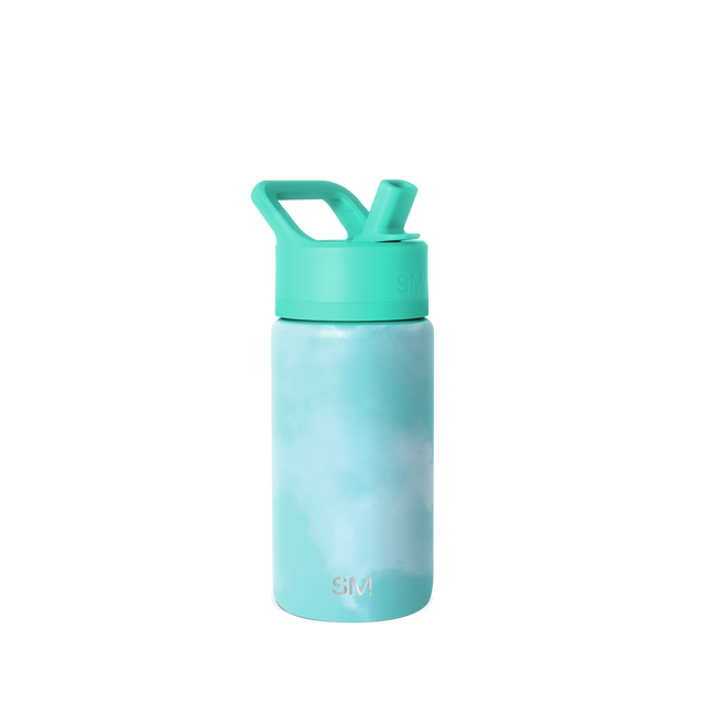 Soft turquoise bottle with matching lid in mint green and cyan hues against a cohesive monochromatic aqua background.