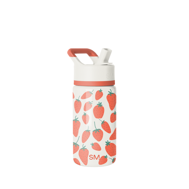 Cream and white Simple Modern water bottle with strawberry design and coral-red lid on white background