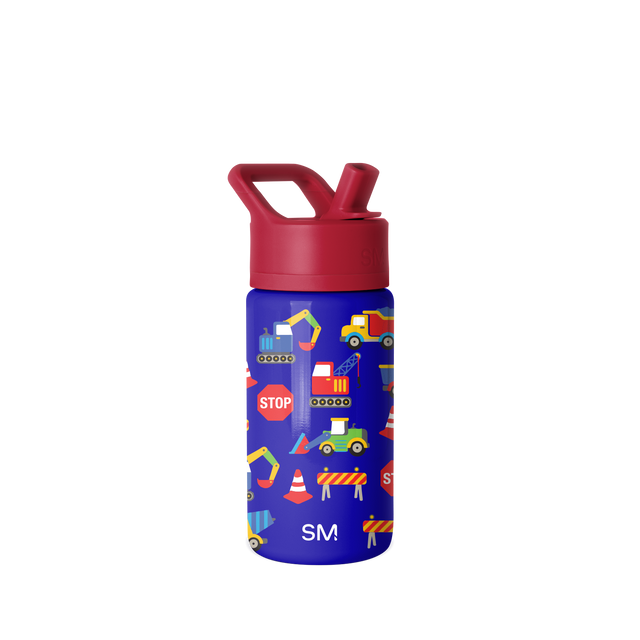 Royal blue water bottle with deep crimson red cap and spout assembly