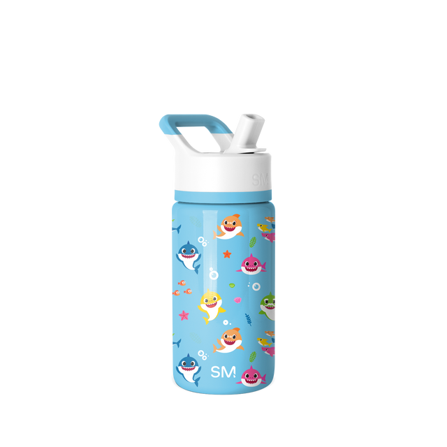 Bright sky blue water bottle with white cap and band, featuring vibrant orange, pink, yellow, and green accents in a playful design.