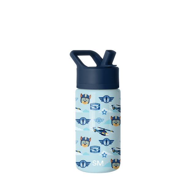 Light blue water bottle with navy blue cap and handle, orange-red accents, white details, and paw print design on front