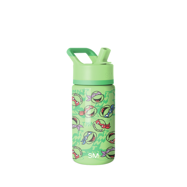 Lime green water bottle with teal green band around upper middle section and matching lid.
