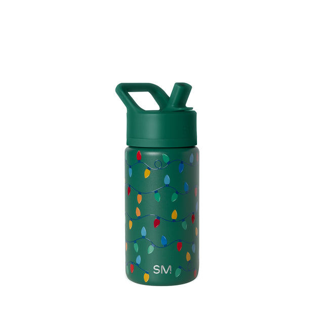 Forest green water bottle with festive holiday light accents on the cap and body