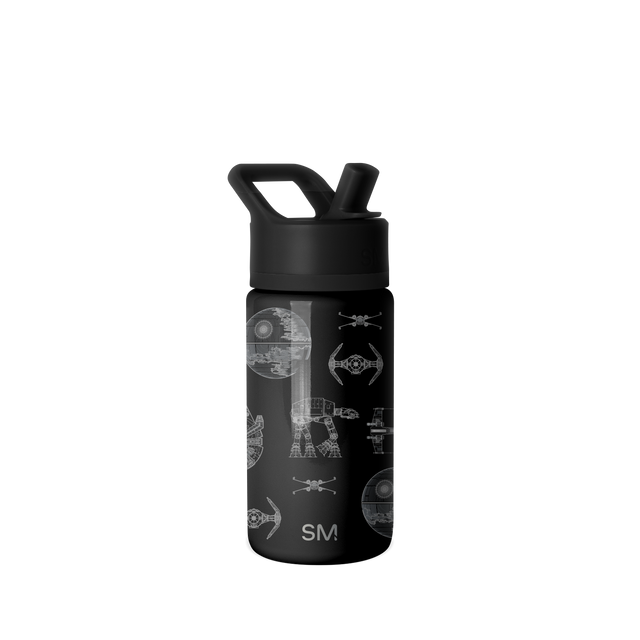 Black water bottle with gray and silver metallic line-art graphics on dark background