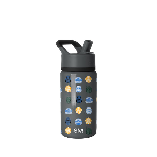 Charcoal gray water bottle with colorful accents in dark blue, light blue, golden yellow, orange, and dark green stripes or bands around the design.