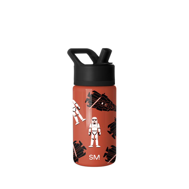 Terracotta-red water bottle with black lid and spout