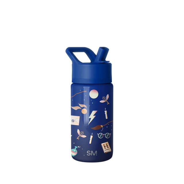 Navy blue water bottle with rose gold and copper metallic accents, cream, and sage green details