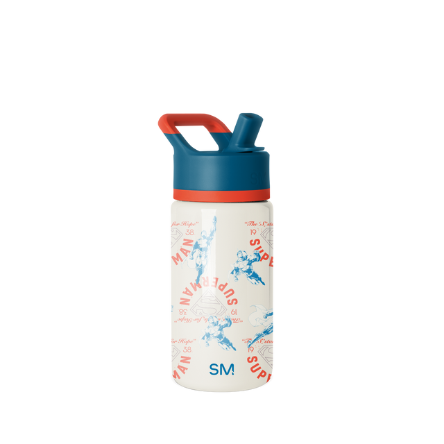 Cream cylindrical container with deep teal upper section, coral-red accent band, and matching handle