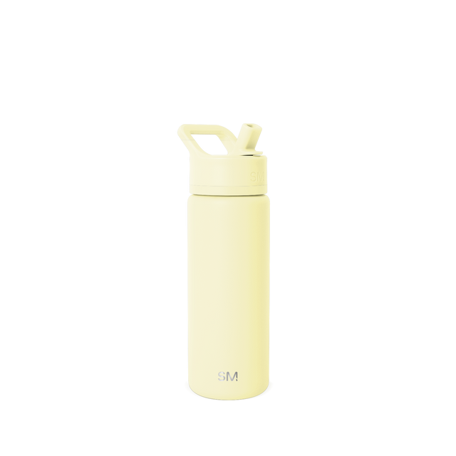 Pale yellow cylindrical bottle with matching lid, soft creamy tone on white background