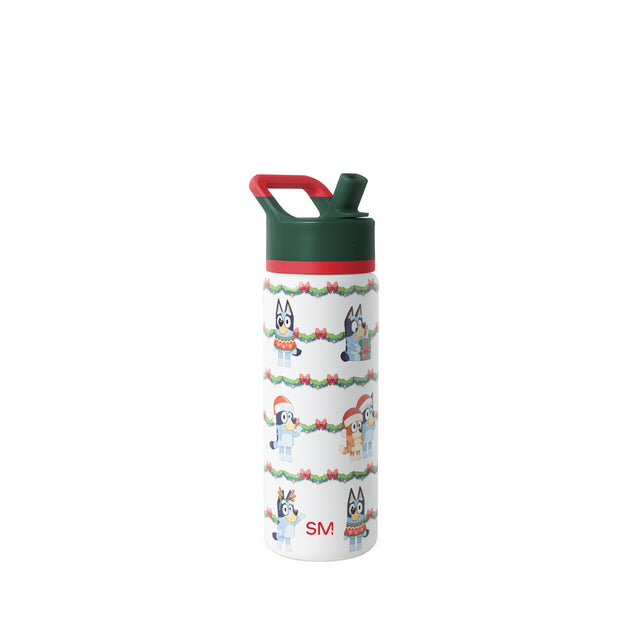 White cylindrical water bottle with dark forest green cap, bright red band below the lid, and handle attachment.