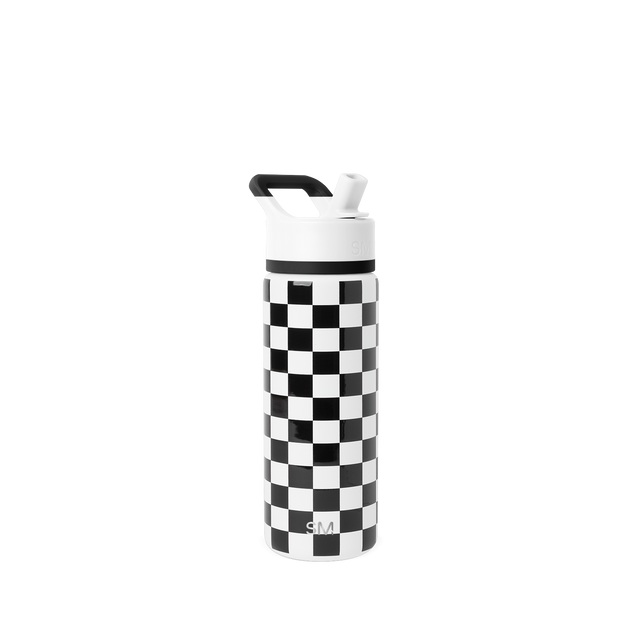 Black and white checkerboard patterned bottle with white and black closure system