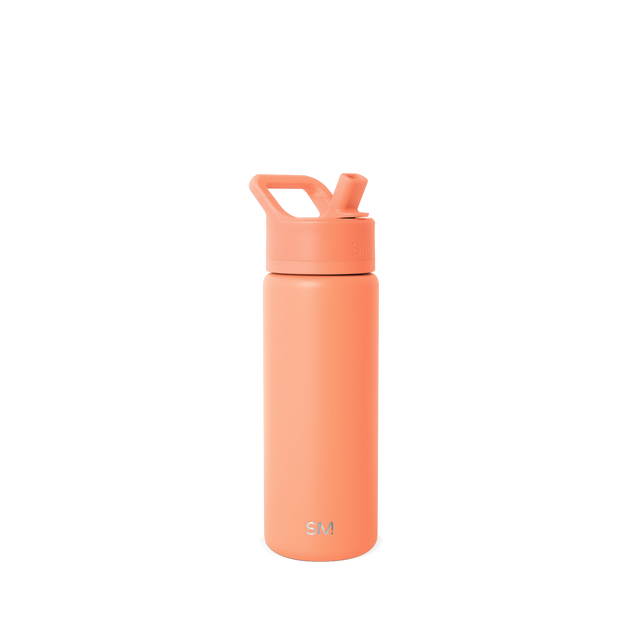 Soft coral-peach colored water bottle with cylindrical body, flat bottom, and tapered top, featuring a matching cap assembly