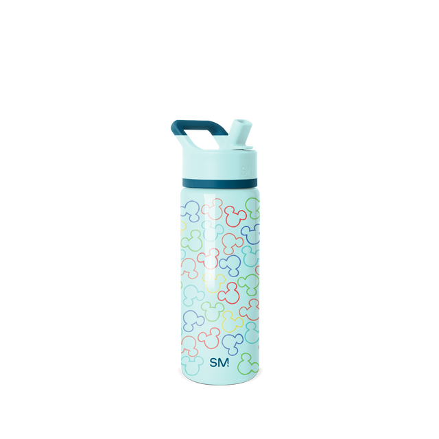 Pale mint water bottle with dark teal cap and handled lid, featuring a darker teal horizontal band around the middle