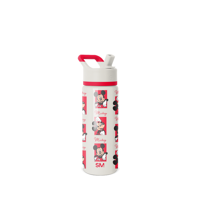 Simple Modern tall cylindrical water bottle in cream with red and pink accents, centered on white background