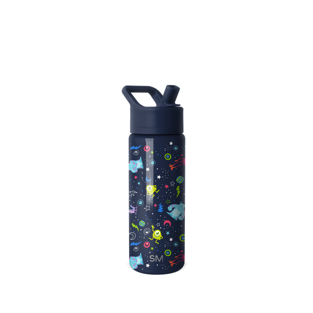 Dark navy blue water bottle with bright lime green, hot pink, cyan blue, orange-red, and yellow accents