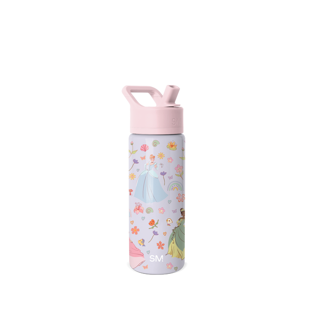 Periwinkle water bottle with pale pink spout and handle, featuring colorful accents throughout the design