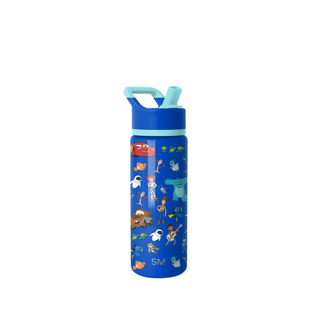 Cobalt blue water bottle with turquoise cap and spout lid, featuring a light turquoise band design. Simple modern style reusable bottle.