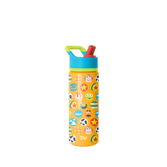 Golden yellow water bottle with cyan blue upper section and cap, lime green handle and band accents