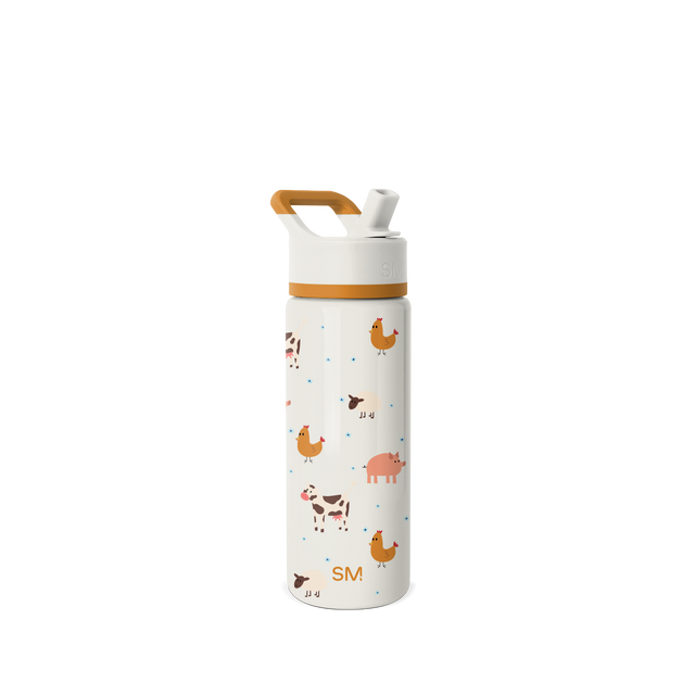 Cream-colored water bottle with tan caramel carry handle and middle band accent stripe