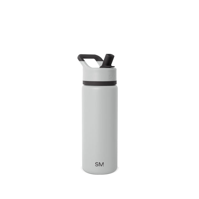 Light gray cylindrical water bottle with charcoal black hinged lid and accent details