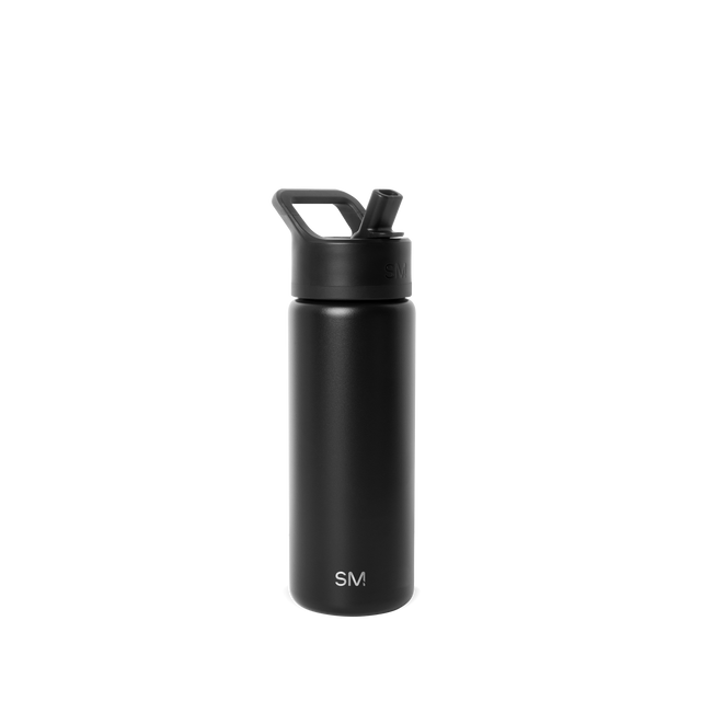 Matte black water bottle with matching cap and base on white background