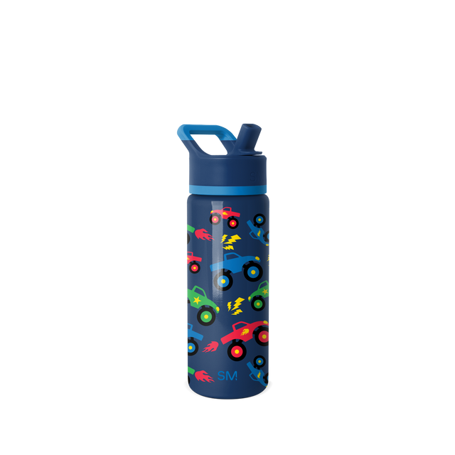 Deep navy blue insulated water bottle with lighter blue lid and handle, shown against a white background.