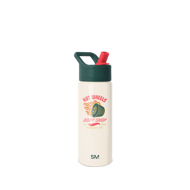 Cream cylindrical water bottle with deep forest green cap and handle, featuring a bright coral-red spout or straw