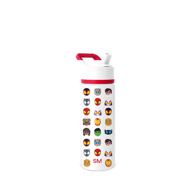 White insulated water bottle with red and white color-block design and red silicone band around lid, shown against white background.
