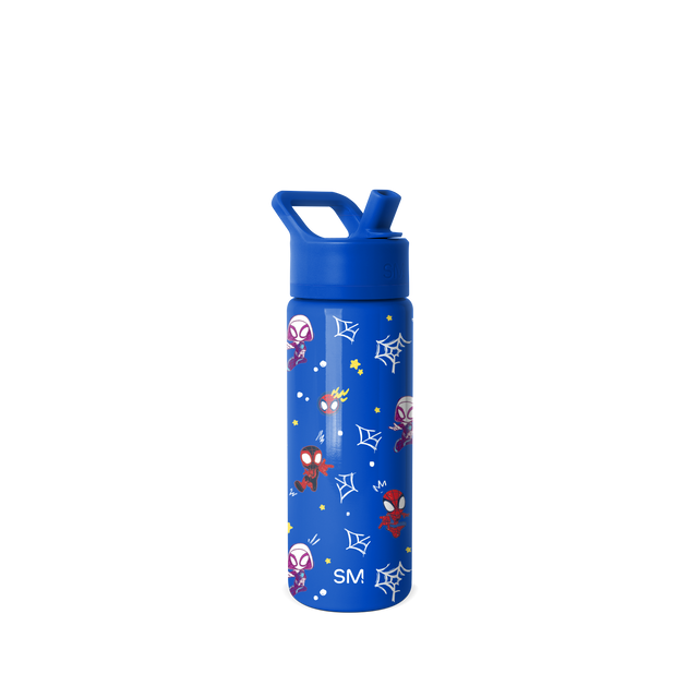 Vibrant royal blue water bottle with illustrated accents in bright red, yellow, gold, white, and pink.