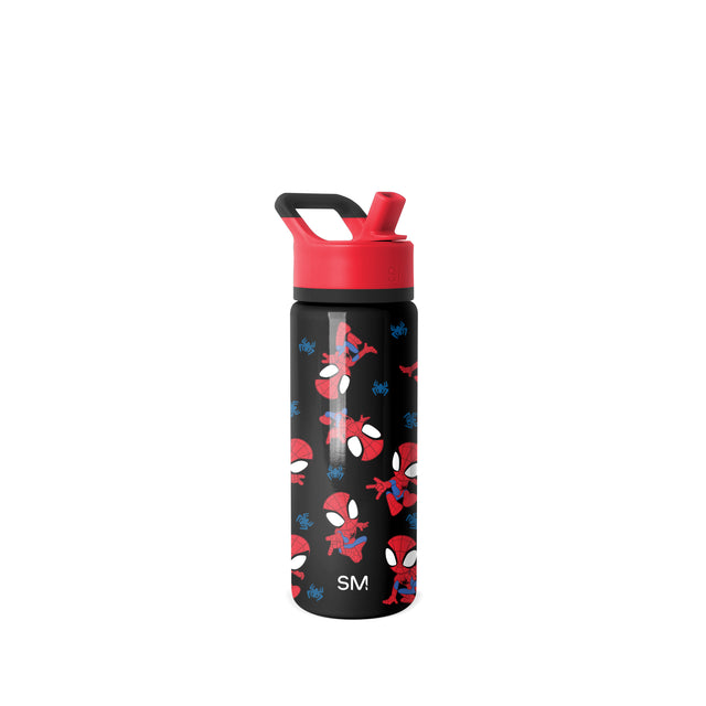 Black bottle with bright red-pink cap and collar band, featuring vibrant red and white accents on the body
