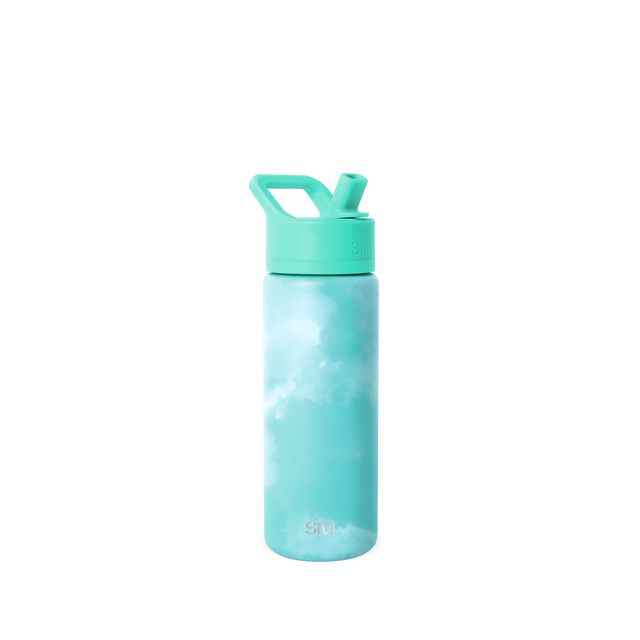 Soft turquoise water bottle with white tie-dye cloudy patterns. Pale aqua body with wispy streaks and matching cap. SM2-S-18-OTD-M model.