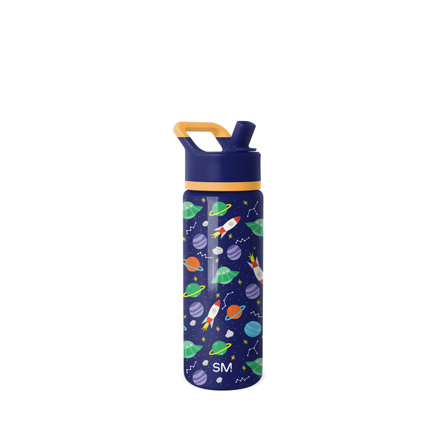 Navy blue water bottle with space-themed illustration on white background