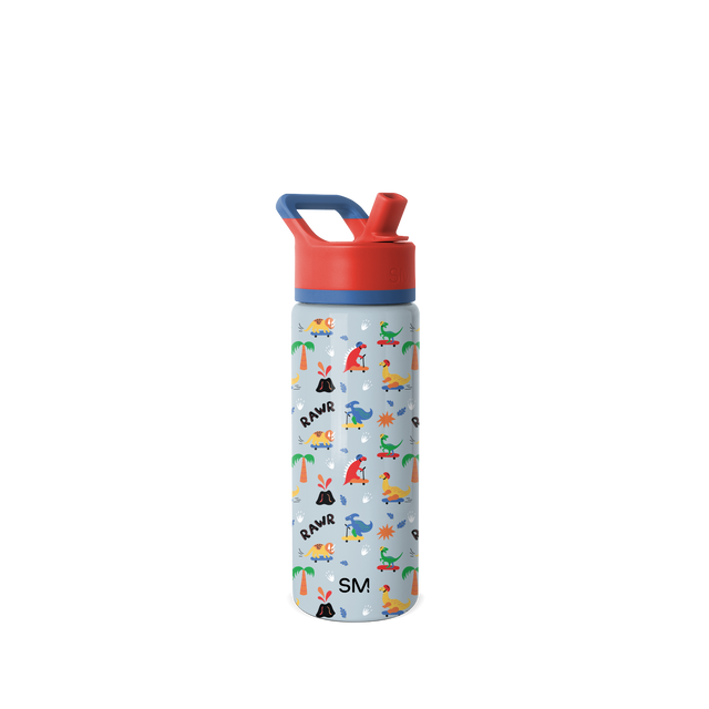 Light blue cylindrical water bottle with coral red cap top and navy blue base ring