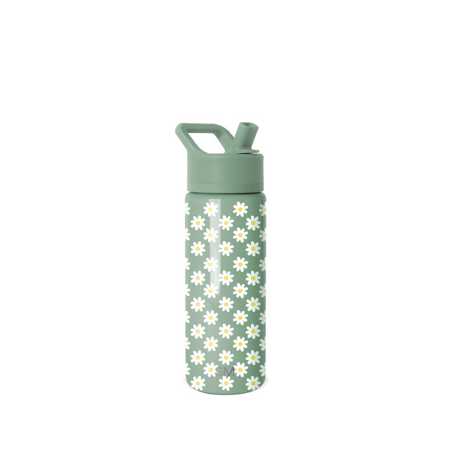 Sage green water bottle with handle top cap and repeating white daisy pattern with yellow centers