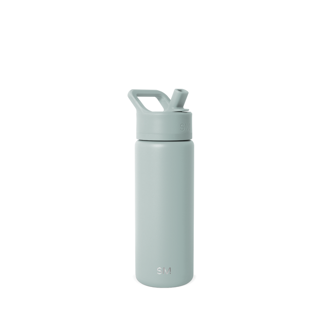Sage green reusable water bottle with white cap against white background