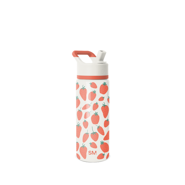 White water bottle with coral pink carry handle and band detail