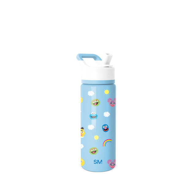 Light blue stainless steel water bottle with white lid and handle featuring character graphics with colorful accents