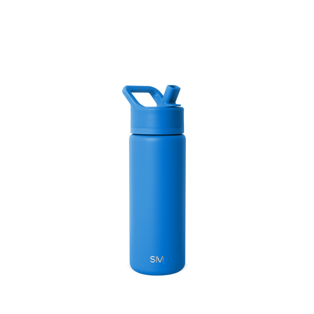 Cobalt blue water bottle displayed against a white background