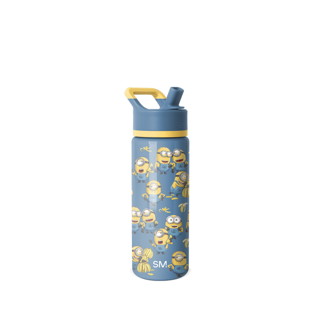 Dusty blue water bottle with bright golden yellow lid, handle, and middle band accent.