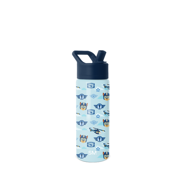 Light blue cylindrical water bottle with dark navy cap, carry loop handle, and flip-top spout on white background.