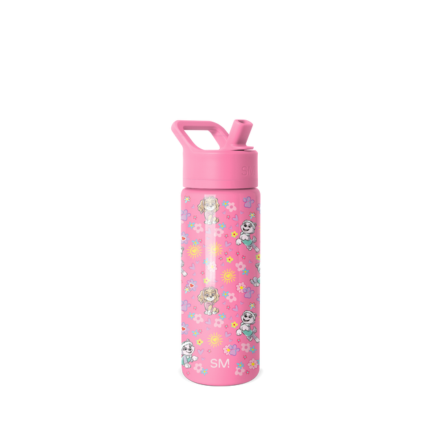 Hot pink water bottle with colorful paw print design featuring sunshine yellow, mint green, purple, and light blue accents.