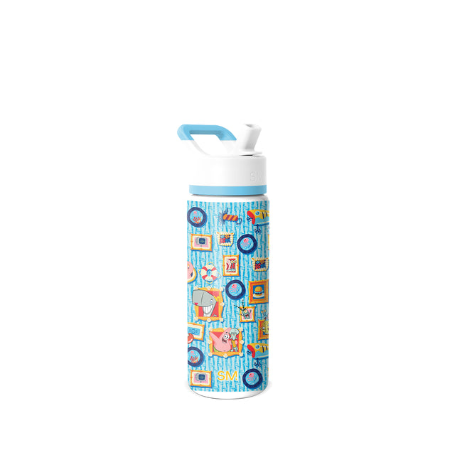 Simple Modern children's insulated water bottle with white lid and base, bright sky blue accent band, shown against white background